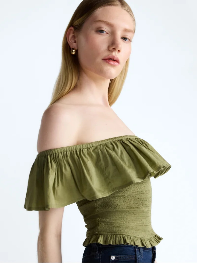 Scoop Women\u2019s and Women\u2019s Plus Off-the-Shoulder Smocked Ruffle Cotton Top, Sizes XS-4X ... | Walmart (US)
