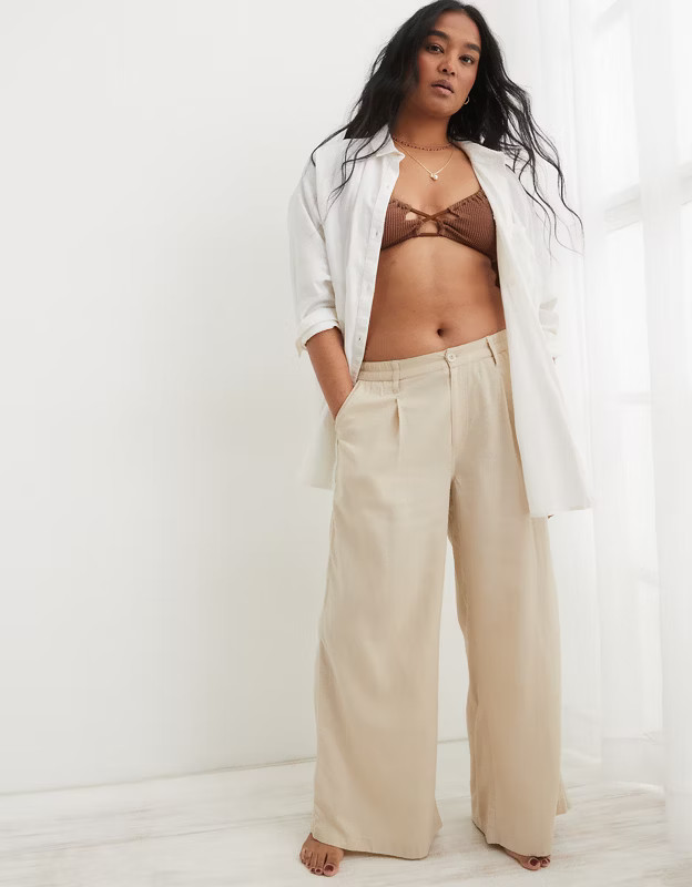 Aerie Pool-To-Party Linen Blend High Waisted Trouser | American Eagle Outfitters (US & CA)