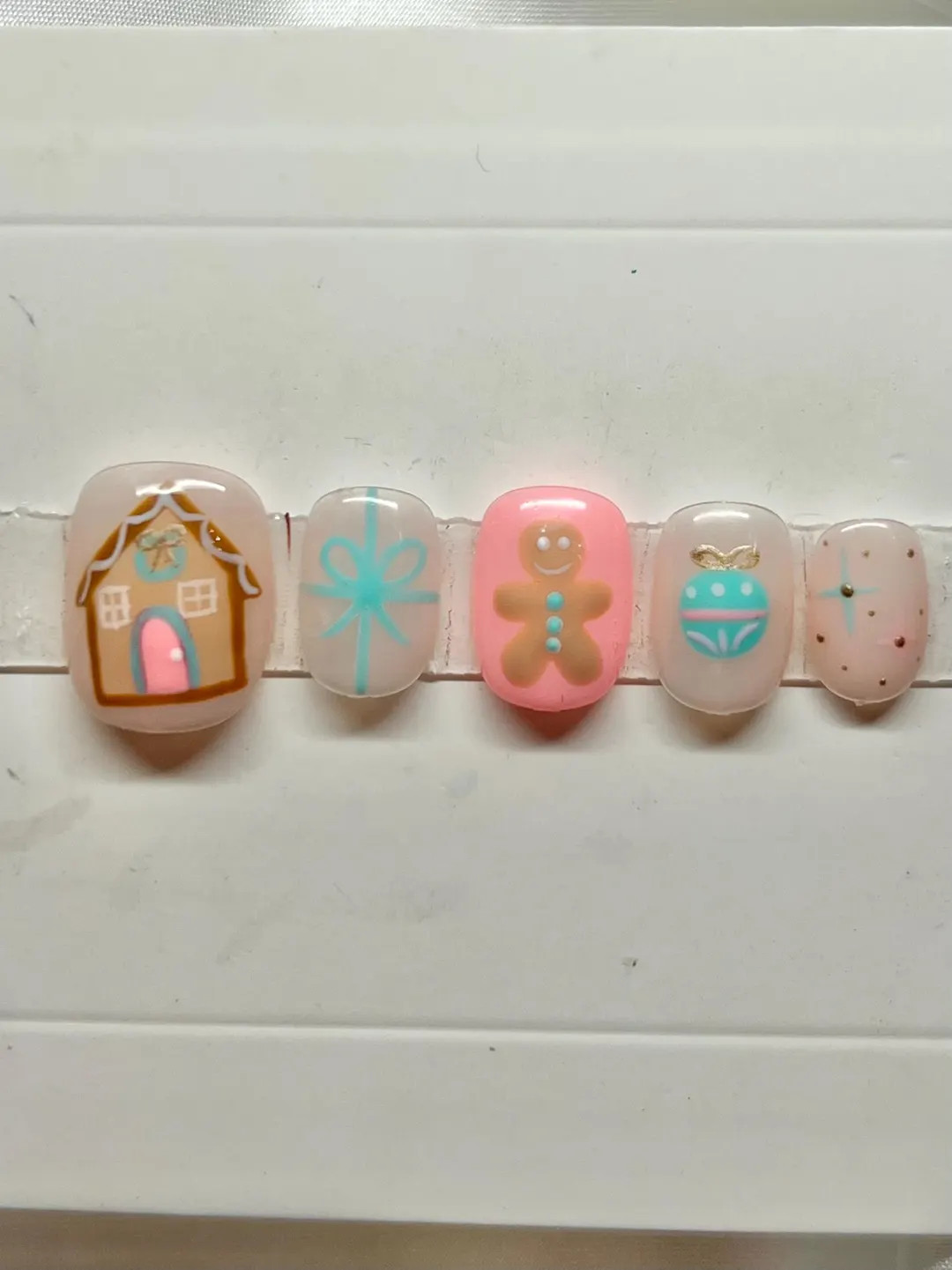 Luxury Hand Painted Press on Nails Pink & Blue Gingerbread Man Gingerbread House Christmas - Etsy | Etsy (US)