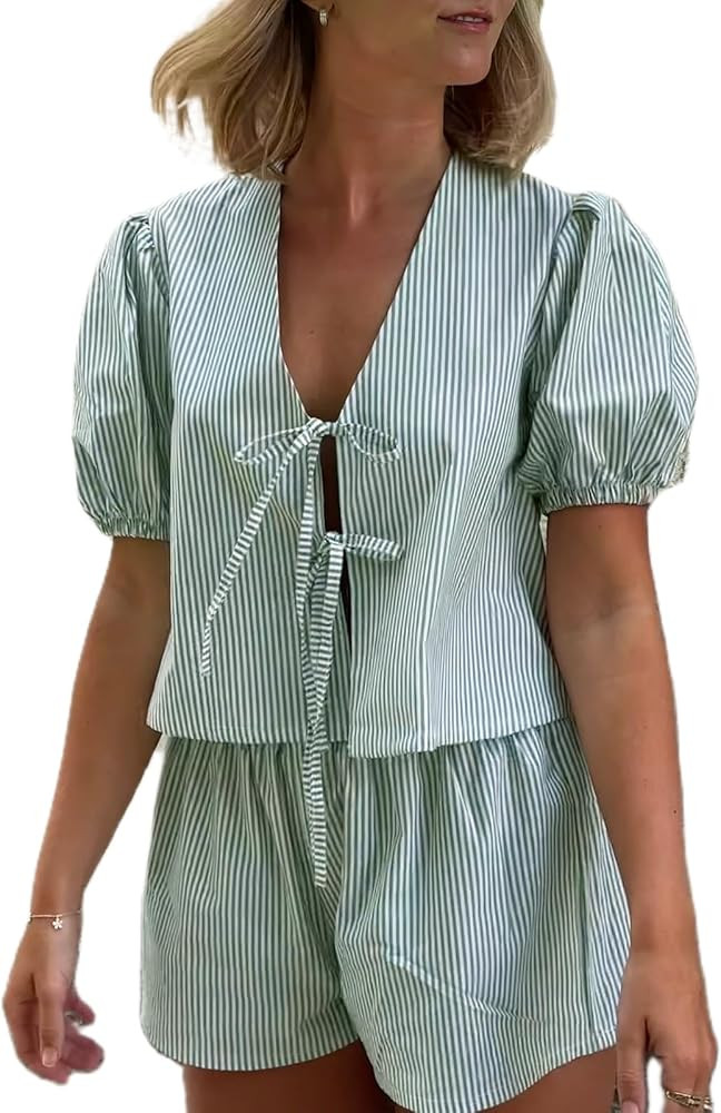 Yuemengxuan Women Striped Casual Lounge Set 2 Piece Pajamas Set Short Puff Sleeve Tie front Shirt... | Amazon (US)