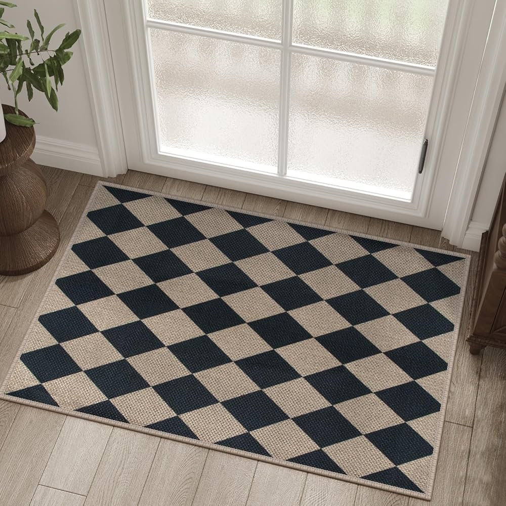 Easy Jute Checkered Entryway Rug, 2x3 Black Modern Indoor Outdoor Doormat, Washable Non-Slip Neut... | Amazon (US)