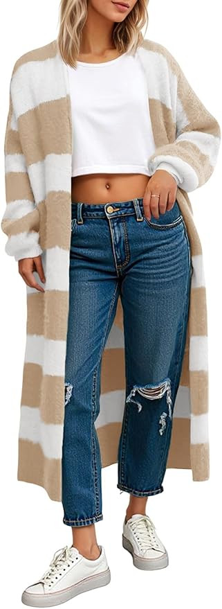 Saodimallsu Womens Striped Long Cardigan Sweaters Open Front Oversized Chunky Fuzzy Knit Fall Dus... | Amazon (US)