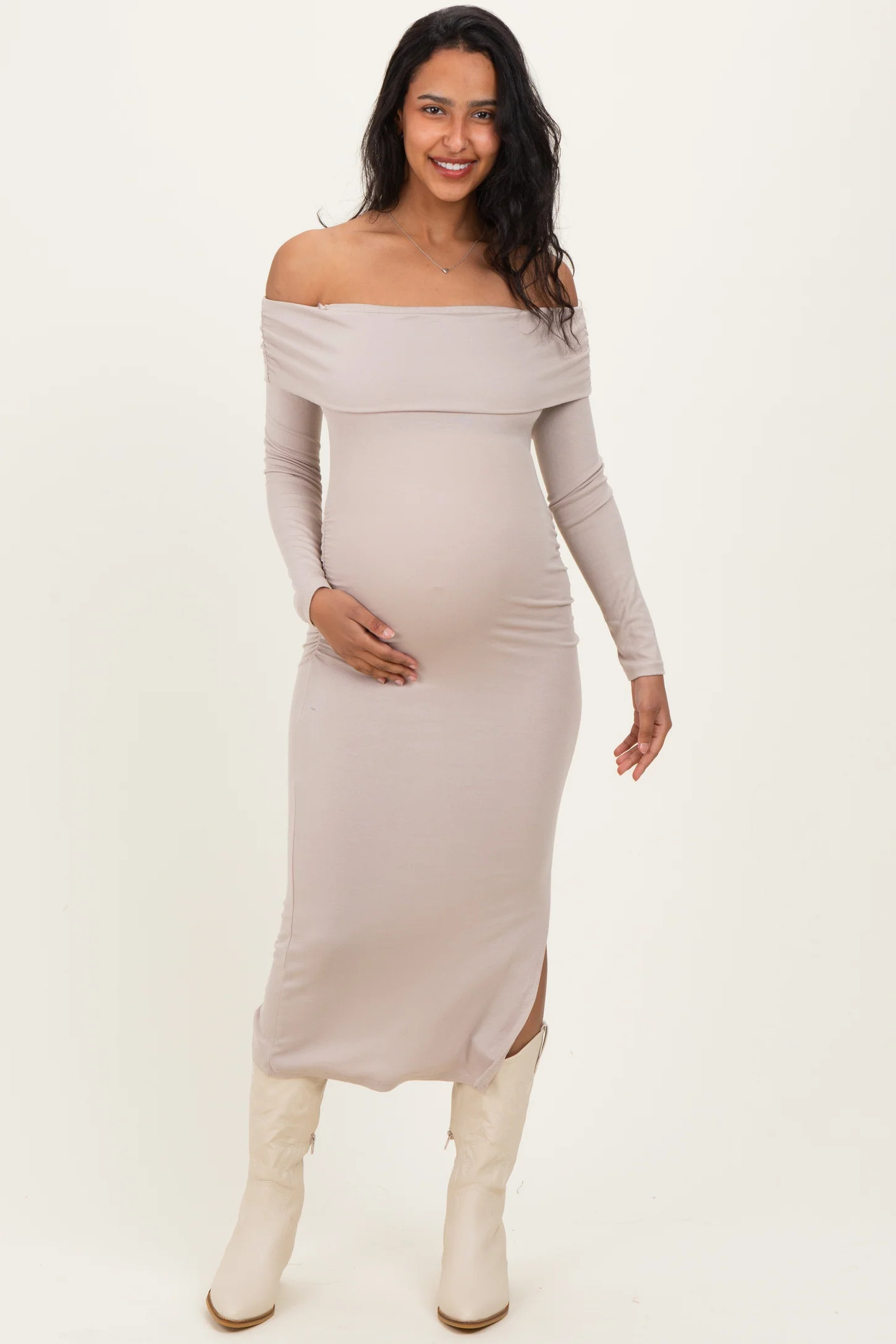Beige Off Shoulder Ruched Side Slit Maternity Midi Dress | PinkBlush Maternity