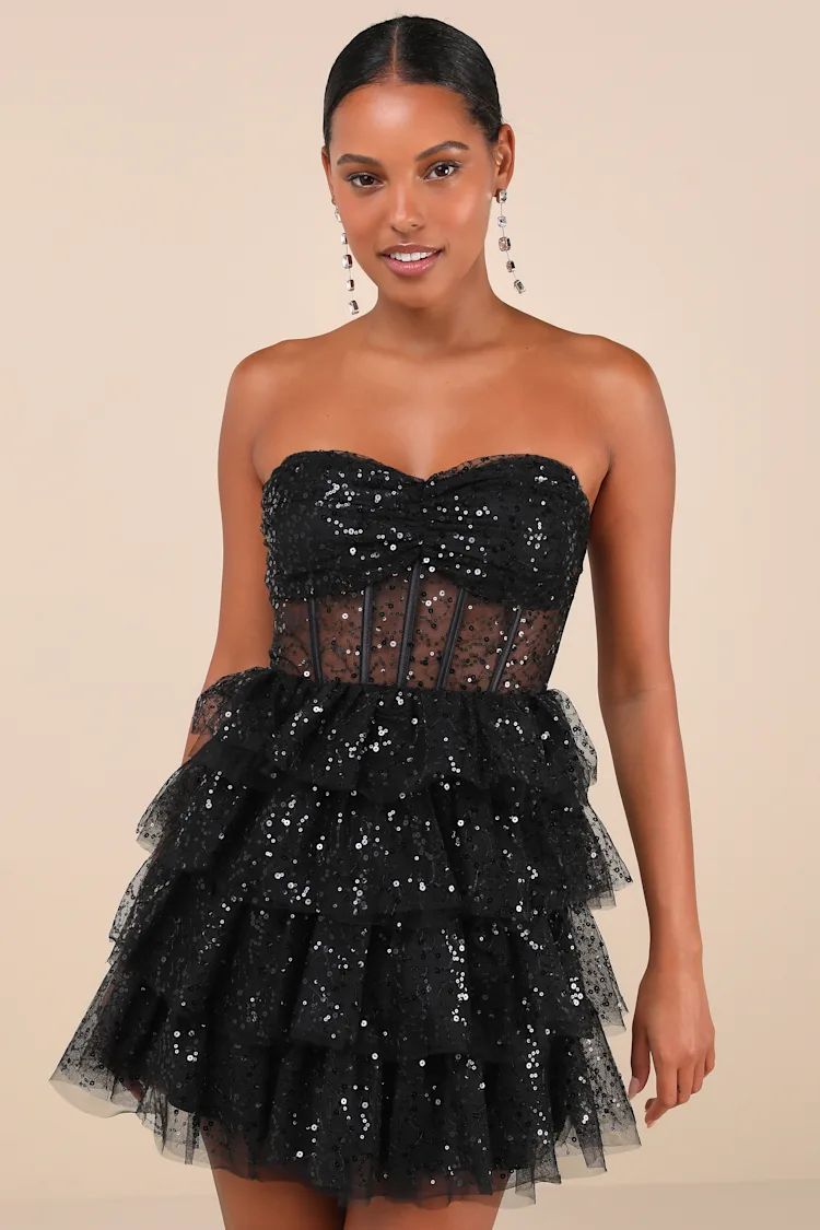 Illustrious Glow Black Sheer Tulle Sequin Tiered Mini Dress | Lulus