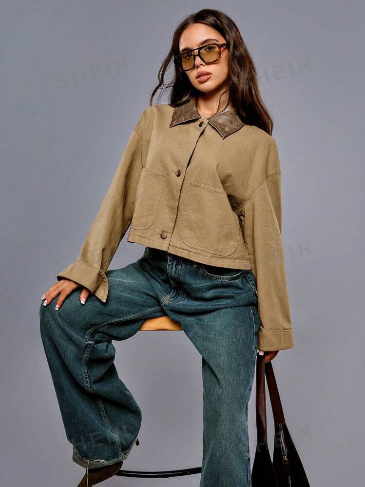 Athîral Women's Autumn Casual Retro Contrast Color Turndown Collar Cropped Jacket | SHEIN