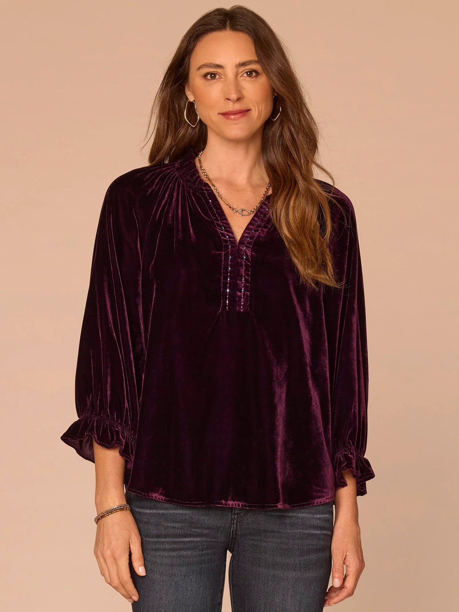 Three Quarter Blouson Sleeve Ruffle Neck Rhinestone Woven Velvet Top | Democracy Clothing