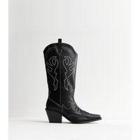 Women's Black Faux Leather Stitch Detail Cowboy Boots Vegan New Look | New Look (UK)