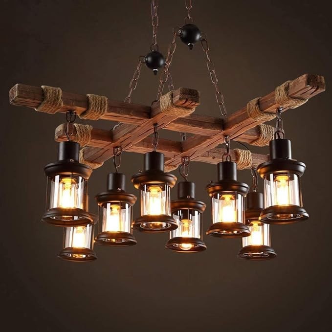 8 Lights Industrial Wooden Hanging Lighting Black Metal Chandelier Farmhouse Vintage Pendant Lamp... | Amazon (US)