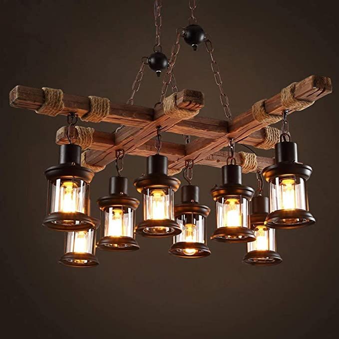 8 Lights Industrial Wooden Hanging Lighting Black Metal Chandelier Farmhouse Vintage Pendant Lamp... | Amazon (US)