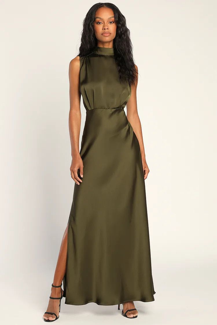 Classic Elegance Olive Satin Sleeveless Mock Neck Maxi Dress Fall Wedding Guest Dress | Lulus (US)