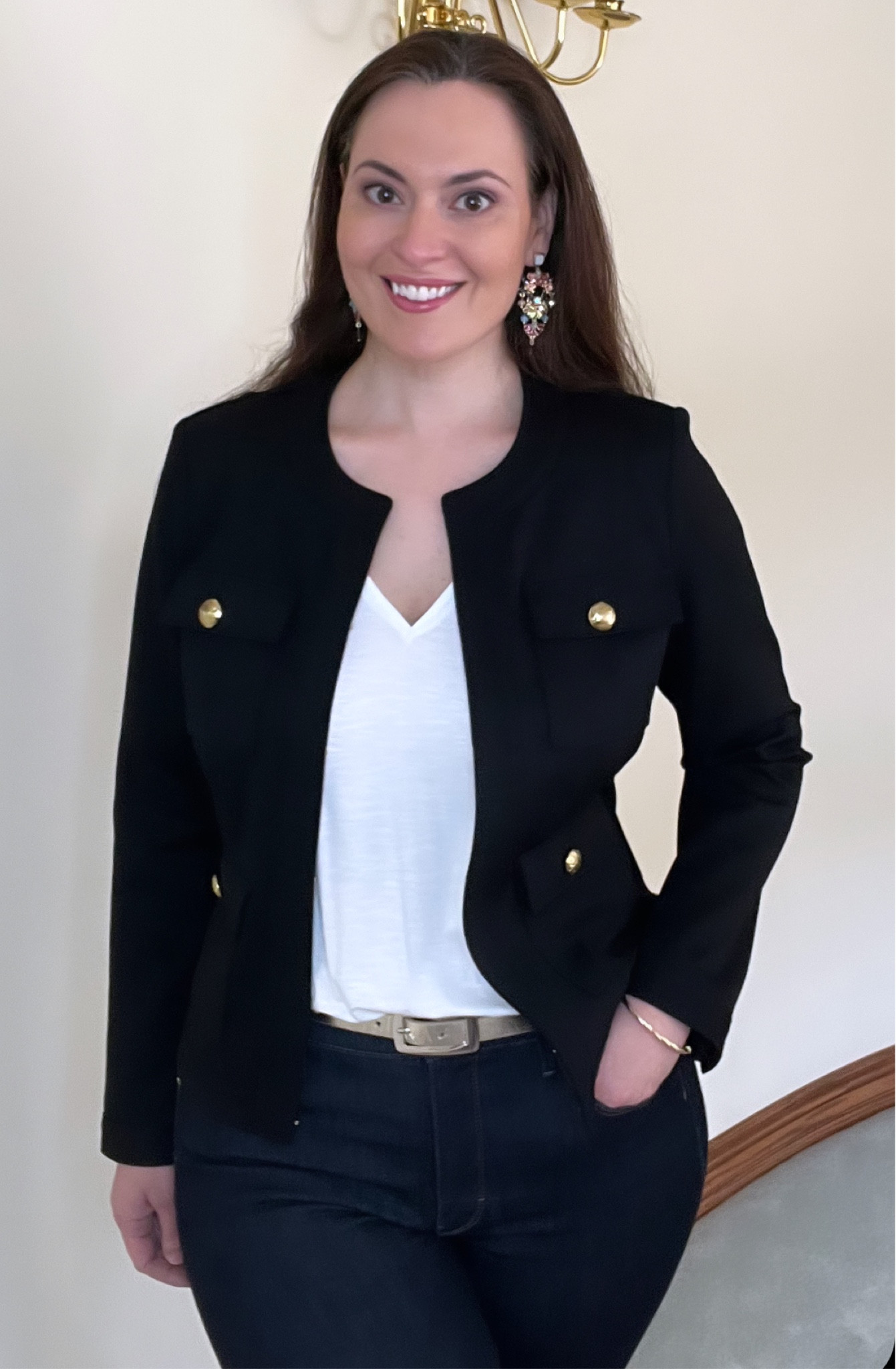 Easy and comfortable travel outfit - basic white tee, jeans, and the WHBM stylist jacket. You can mix and match these pieces with so many items when traveling. The jacket doesn’t wrinkle  

#LTKtravel #LTKstyletip #LTKover40