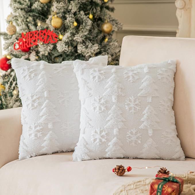 White Christmas Tree Pillow Covers 18x18 inches Set of 2, Snowflake Shaped Faux Fur Throw Pillow ... | Amazon (US)