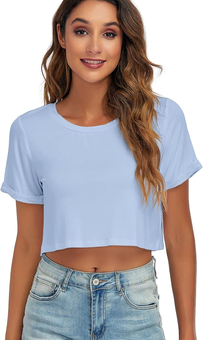 LaikaKud Womens Basic Summer Round Neck Crop Tops Loose Rolled Short Sleeve Solid Tee Shirt | Amazon (US)