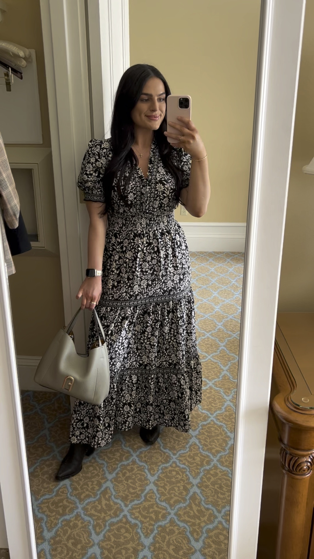 Floral short sleeve tiered maxi dress! Perfect for the office or an event!
Smocking defines the waist of this maxi dress designed in a tiered silhouette and puff sleeves.

• 54 1/2" length
• V-neck
• Short sleeves
• Unlined
• 96% polyester, 4% spandex
• Machine wash, line dry

#LTKfindsunder100 #LTKworkwear #LTKVideo