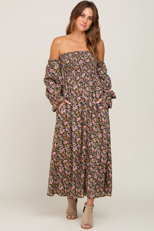 Black Floral Off Shoulder Long Sleeve Maxi Dress | PinkBlush Maternity