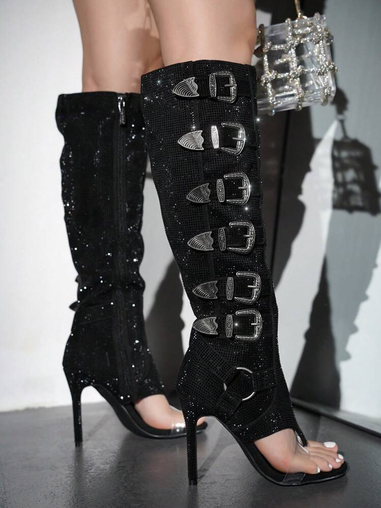 Women's  Glamorous Rhinestone Buckle Open Round Toe Knee High Heel Boots - Single Round Toe Suede Knee High High Heel For Special Events | SHEIN