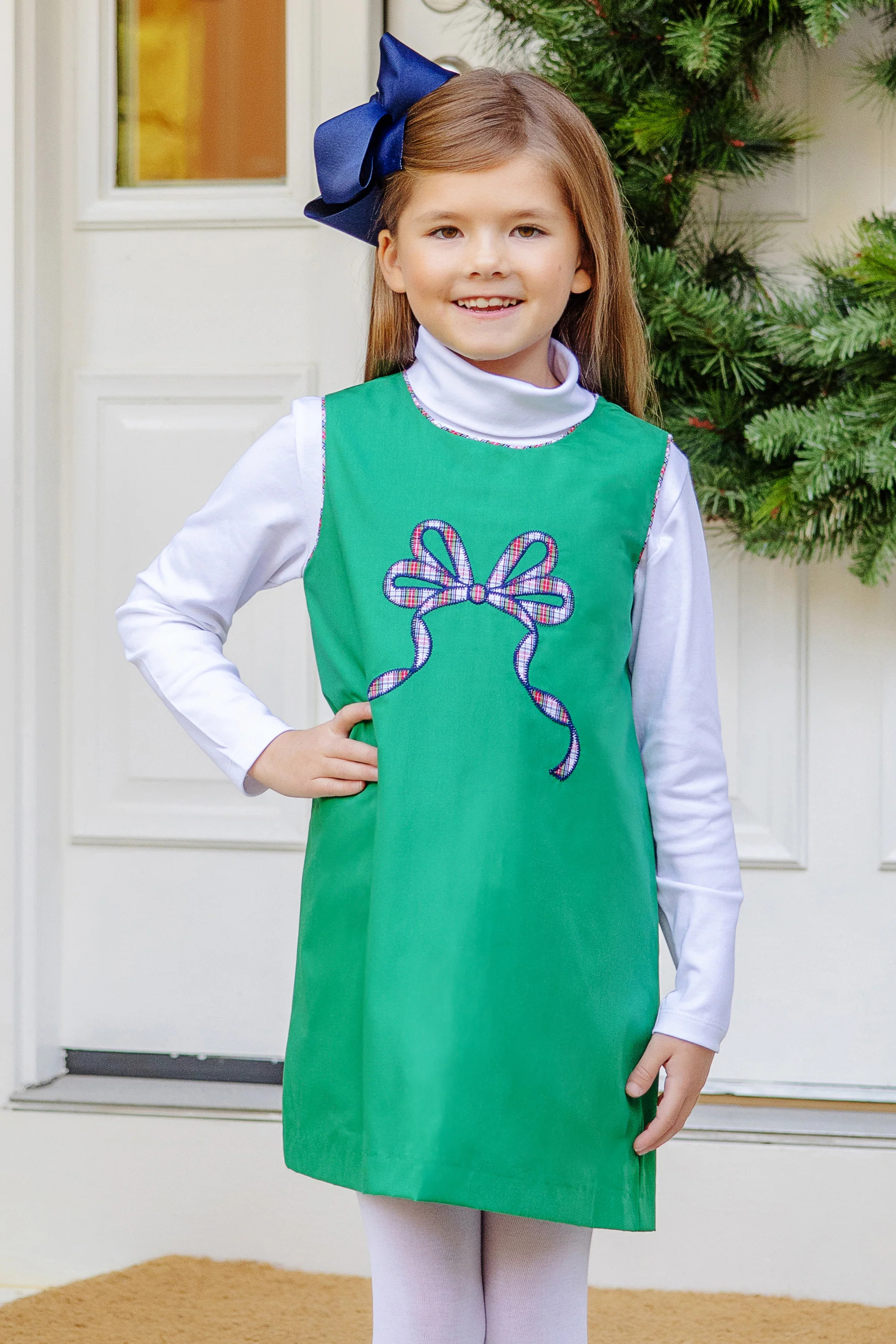 Annie Apron Dress - Kiawah Kelly Green with Merritt Park Plaid Bow | The Beaufort Bonnet Company
