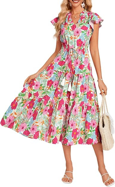 GRACE KARIN Womens Summer Floral Midi Dresses Short Sleeve Beach Wedding Guest Dress Drawstring L... | Amazon (US)
