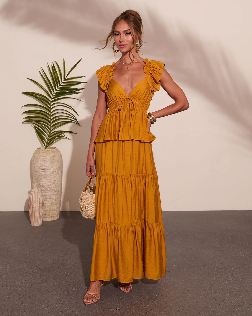 Glow Tiered Peplum Maxi Dress - Mustard / M | VICI