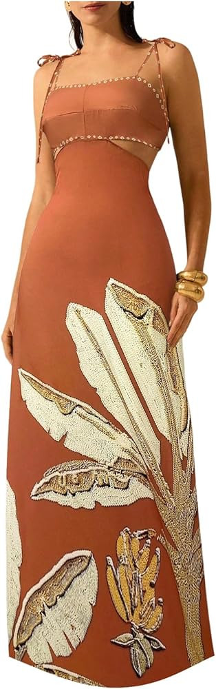SOLY HUX Women's Summer Maxi Dress Boho Print Tie Shoulder Spaghetti Strap Cut Out Tie Back Cami ... | Amazon (US)