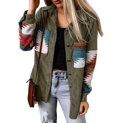 Melliflo Women's Aztec Corduroy Jacket Vintage Color Block Patchwork Flannel Shirt Y2K Button Down Lapel Shacket with Pockets | Amazon (US)