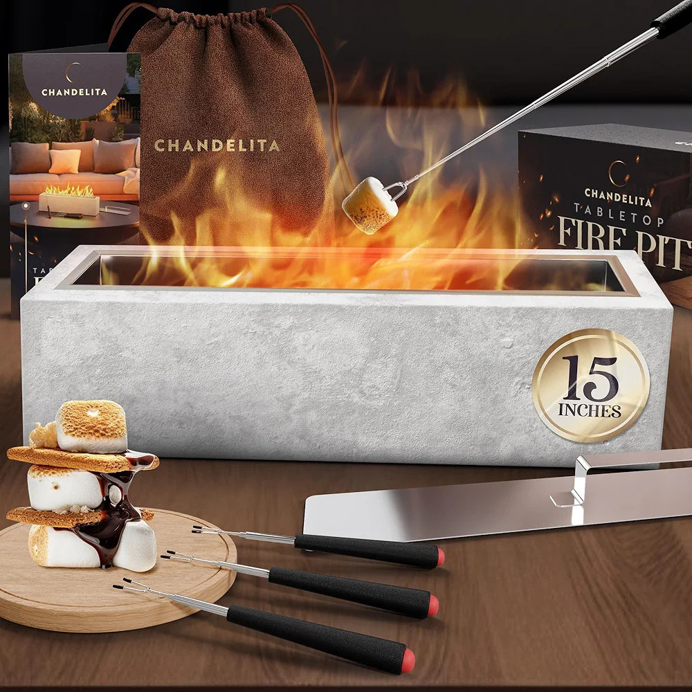 Large Table Top Firepit with Roasting Sticks - 15x3.7x4in, Made of Thick Concrete - Personal Conc... | Amazon (US)