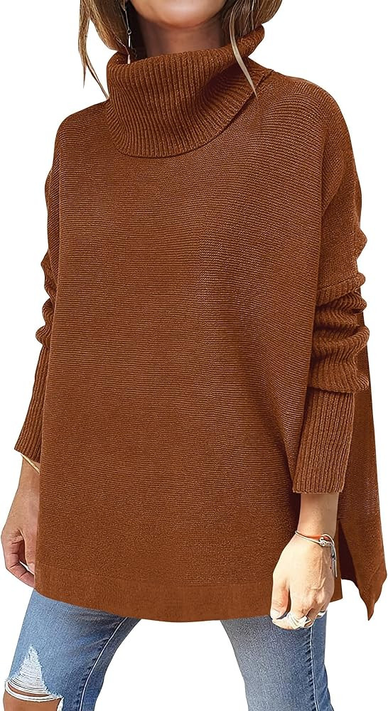 Caracilia Women's Turtleneck Oversized Knit Sweater 2022 Fall Long Batwing Sleeve Spilt Hem Pullover | Amazon (US)