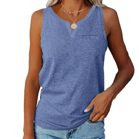 Brilliant Tank Tops for Women under $5 Spaghetti Womens Tank Top With Built in Bra Summer Solid Color V-Neck Pocket Sleeveless Casual Tee Tops Blue M | Walmart (US)