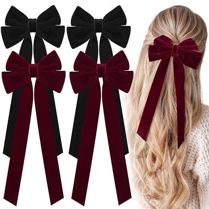 4 PCS Velvet Hair Bows For Girls, Burgundy Bow Clips For Women, CN Velvet Large Hair Bows With Al... | Amazon (US)