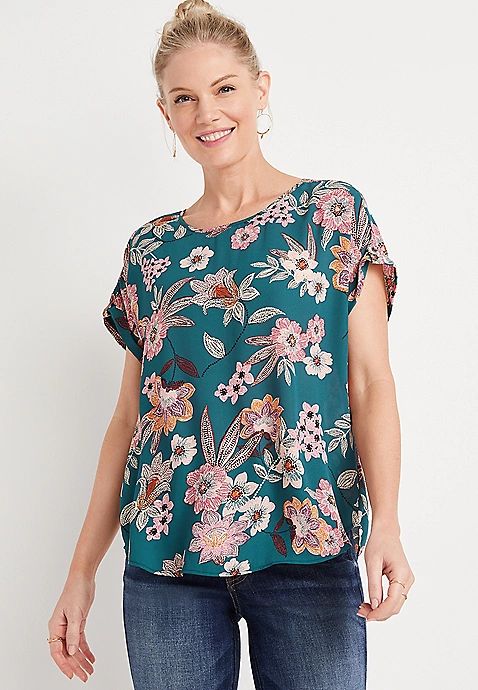 Teal Floral Zipper Back Blouse | Maurices