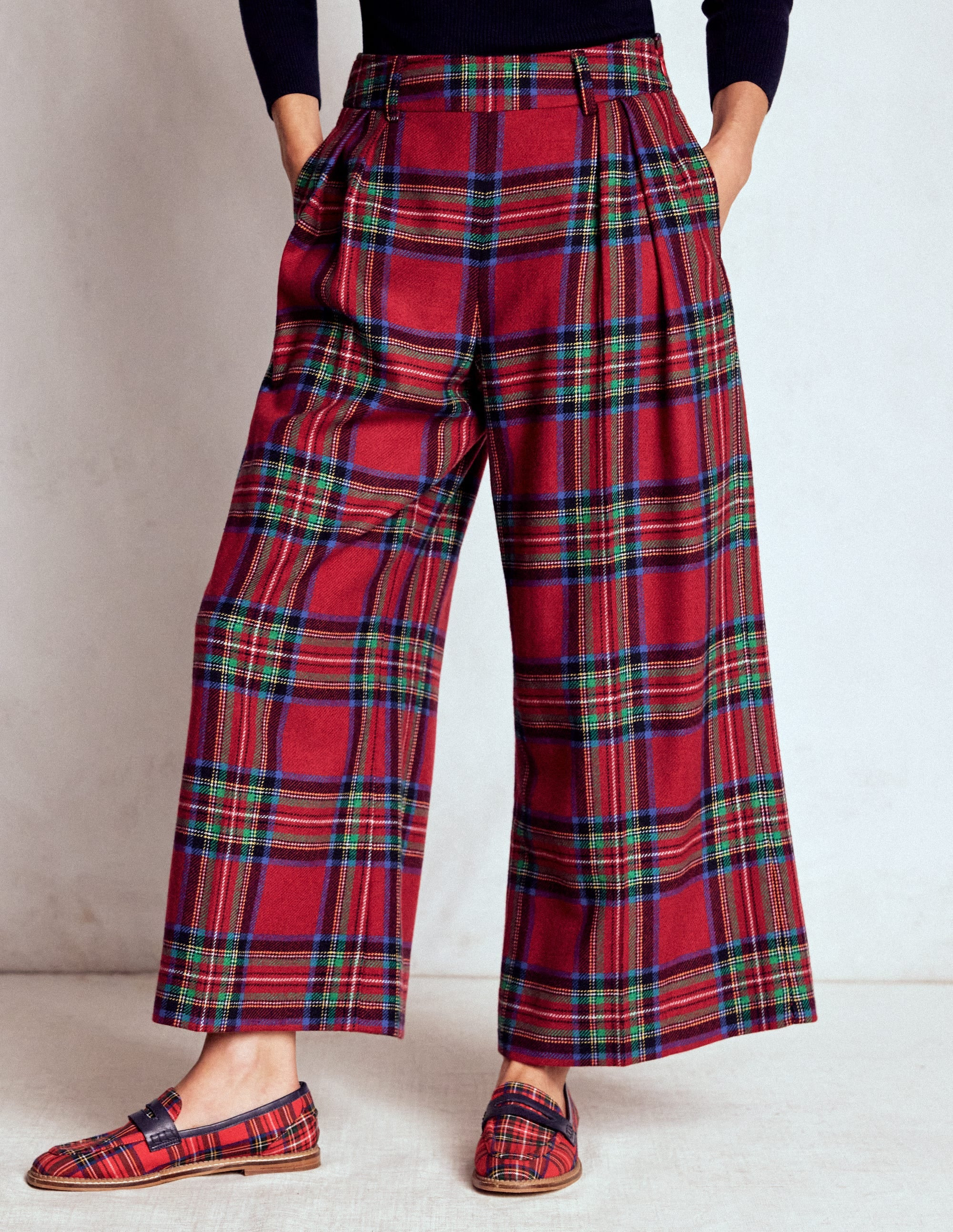 Pleated Wool Culottes-Red, Blue and Green Check | Boden UK