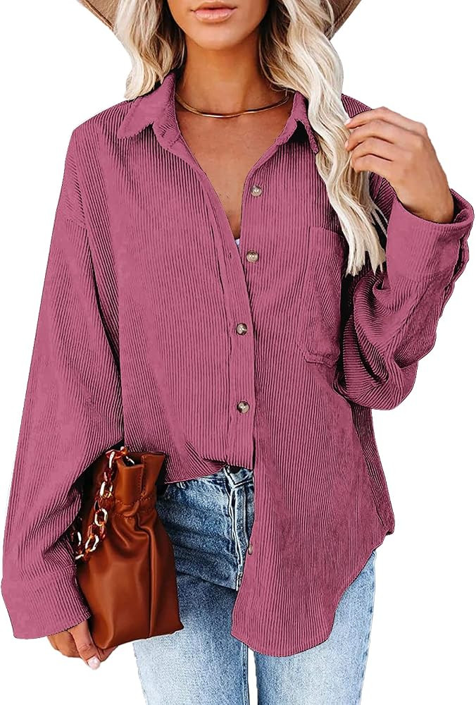Beaully Women's Corduroy Button Down Pocket Shirts Casual Long Sleeve Oversized Blouses Tops | Amazon (US)