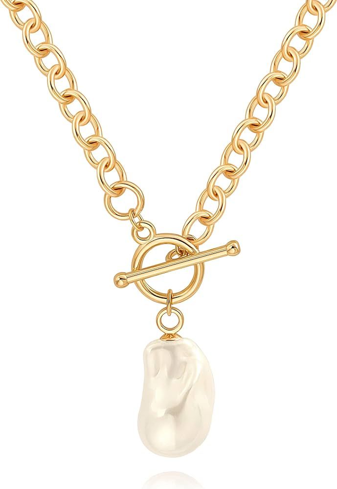 18k Gold Chain Link Necklace for Women, Baroque Pearl/Compass Pendant Necklace | Amazon (US)