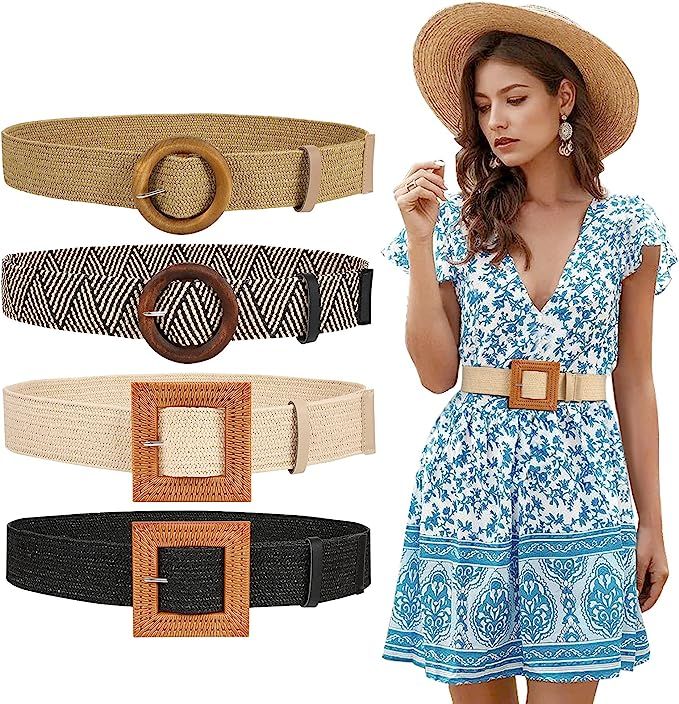 JASGOOD Straw Woven Elastic Stretch Belt for Women, Fashion Skinny Dress Boho Belt with Wooden St... | Amazon (US)