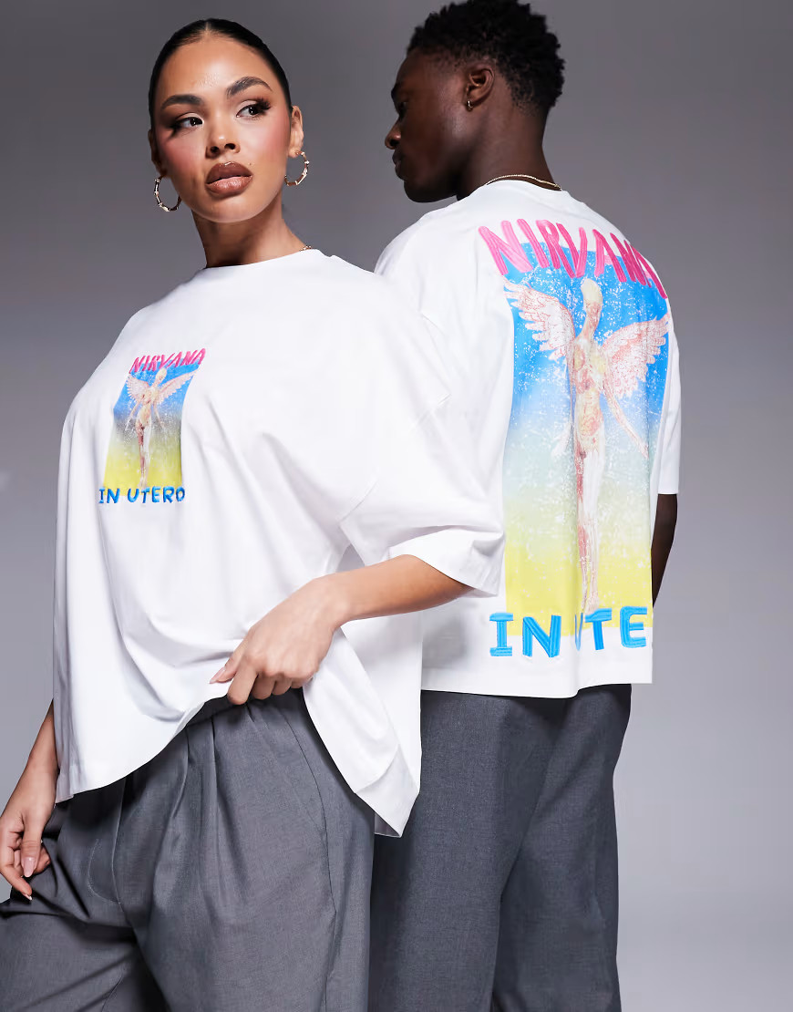 ASOS DESIGN - Uniseks recht oversized T-shirt met gelicentieerde Nirvana-prints in wit | ASOS (Global)