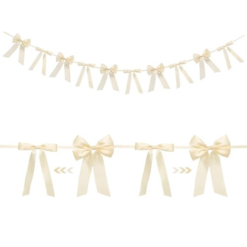 Pre-Strung Bow Garland Banner Decor for Bachelorette Birthday Coquette Party Engagement Favors Wedding Bridal Supplies Baby Shower Decorations Off-White Bow 5 Inch | Amazon (US)