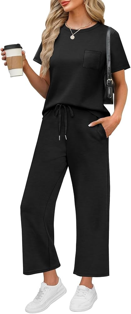 WIHOLL 2 Piece Sets for Women Casual Summer Travel Vacation Outfits Short Sleeve Wide Leg Crop Pa... | Amazon (US)
