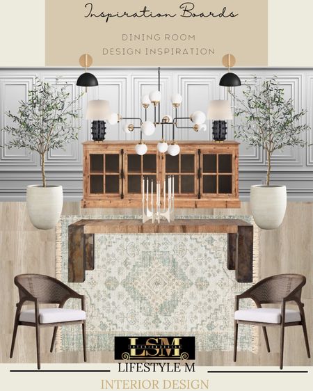 Dining Room Inspiration. Recreate the look at home. Dining room chair, dining room rug, dining room table, wood floor tile, white tree planter pot, faux fake tree, wood buffet console table, dining room chandelier, dining room lamp, wall sconce light, candle holder. 

#LTKhome #LTKFind #LTKstyletip