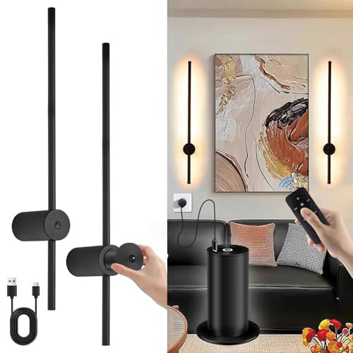 Battery Operated Wall Sconces with Remote Control, USB Rechargeable Wall Lights Wireless, Dimmable LED Wall Sconce Set of 2, 360° Rotation Adjustable Wall Decor for Living Room Bedroom, Black, 24 Inch | Amazon (US)