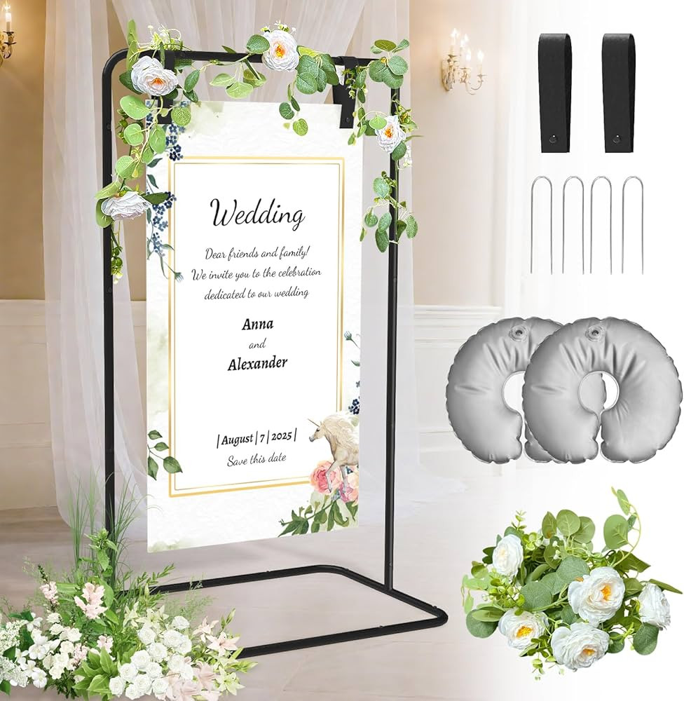 Wedding Welcome Sign Stand, Wedding Sign Holder with 2 Pair Hanging Strap, 4 Ground Staples and 1... | Amazon (US)