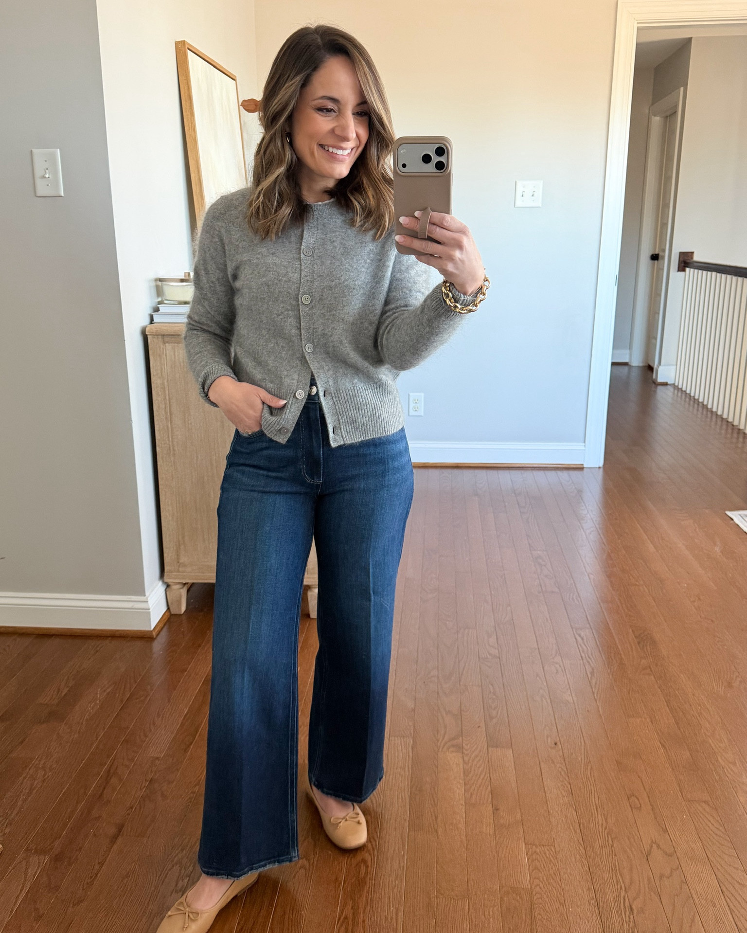 Three petite-friendly button-up cashmere cardigans from Quince that I'm loving!

Outfit 1:
Gray cardigan (Quince): xs
Paige Anessa Wide Leg jeans: 24 x 27” - (10.5” rise) these are very soft and feel premium. I love the length options. I’m wearing standard 27” but they also come in petite 25” and 29”. These are worth a try.
Flats: tts

Outfit 2:
Green Sweater (Quince): xs
Jeans (Madewell): petite 24 - relaxed fit, 10” rise, 25” inseam. 100% cotton
Layering top (Quince): xs
Belt (Quince)
Ballet flats (Sam Edelman): tts

Outfit 3:
Mongolian cashmere cardigan sweater (Quince): xs
Striped pants (LOFT): petite 00/24 - tts, fabric can stretch with wear so size down if between sizes. No noticeable shrinkage after a wash, also minimal wrinkling in the wash. (Washed in cold, dried on low)
Shoes (JC Factory): true to size

My measurements for reference: I’m 4’10” and 105lbs. My bust, waist, and hip measurement is 32”, 24”, and 36”. 

#LTKPetite #LTKgrwm #LTKootd