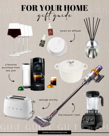 For the Home - Gift Guide 

Dyson cordless vacuum 
Vitamix blender 
Smeg toaster 
Vertuo nespresso 
Wine glass set 
Smart air diffusers 
Le Creuset Dutch oven 
Oil diffusers 

#LTKHoliday #LTKhome #LTKGiftGuide