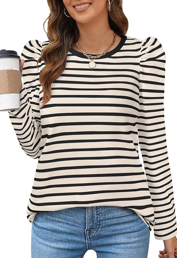 MEROKEETY Women's Puff Long Sleeve Striped Tops Crew Neck 2024 Fall Casual Knit Basic Tee Shirts | Amazon (US)