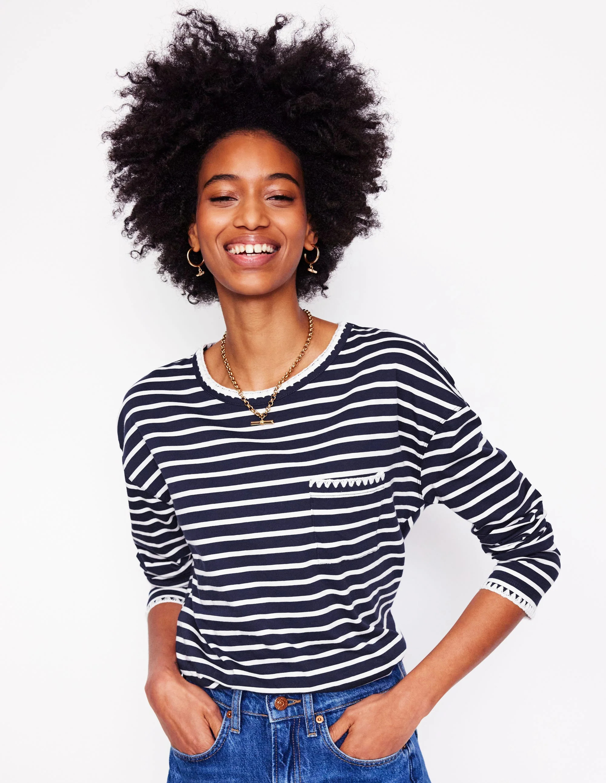 Blanket Stitch Boxy Top-Navy, Ivory | Boden (US)