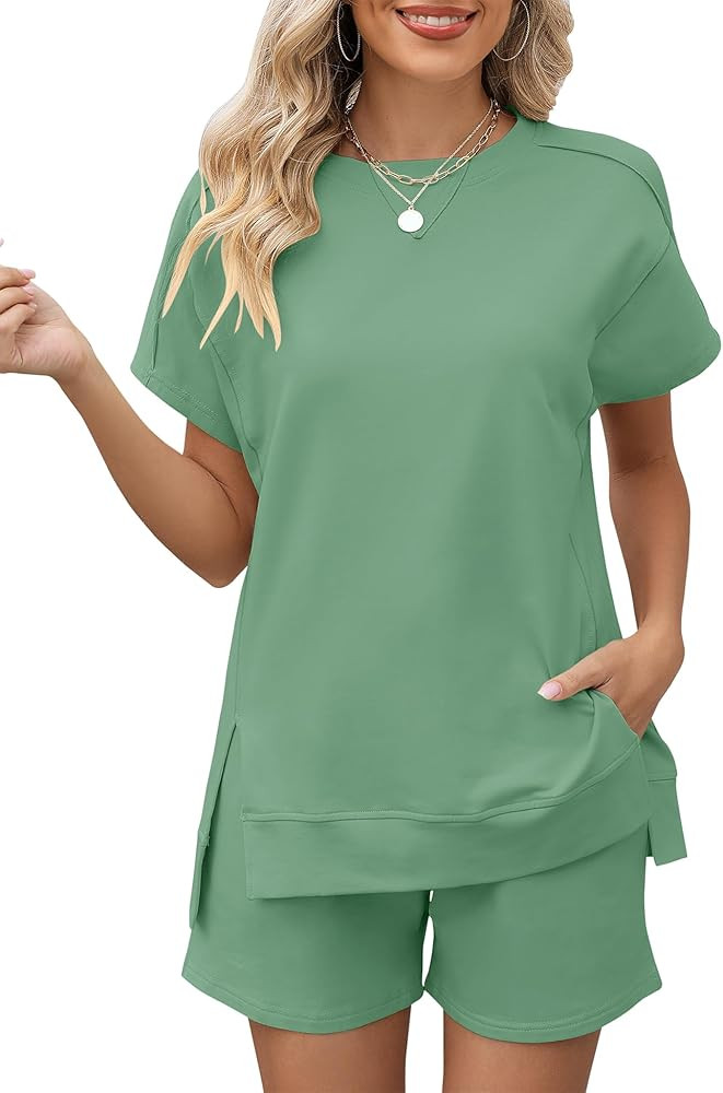 LOMON Womens Fashion 2 Piece Outfits Sweatsuits 2025 Summer Short Sleeve Loungewear Tracksuit Rou... | Amazon (US)