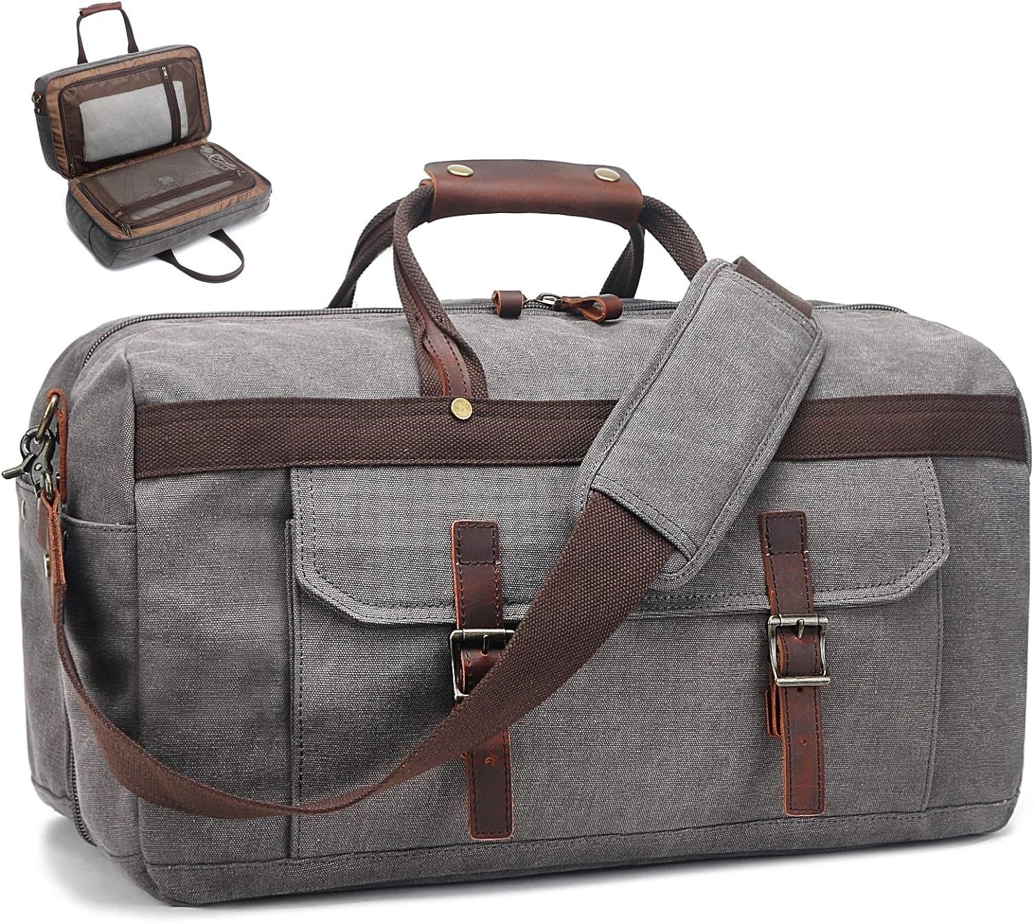 Amazon.com | Duffle Bag for Men Waterproof Genuine Leather Canvas Travel Duffel Bags for Women Ov... | Amazon (US)