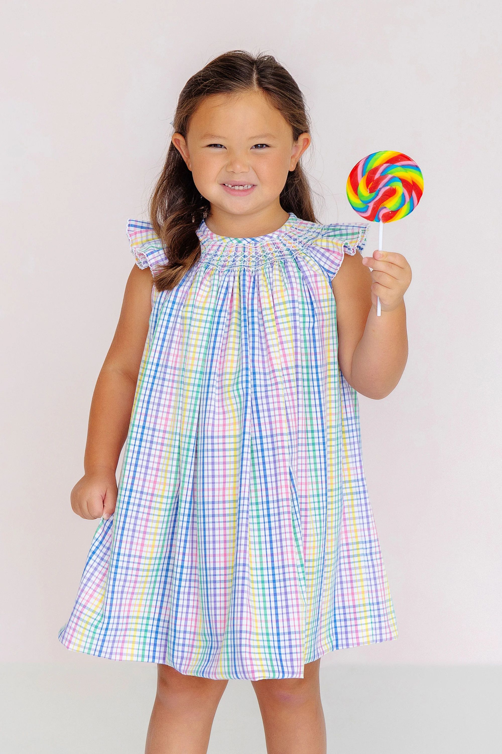 Angel Sleeve Sandy Smocked Dress - Colored Pens Plaid with Worth Avenue White | The Beaufort Bonnet Company