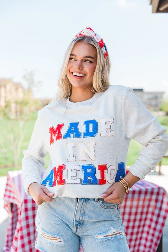 Made In America Chenille Patch Ash Graphic Sweatshirt | Pink Lily