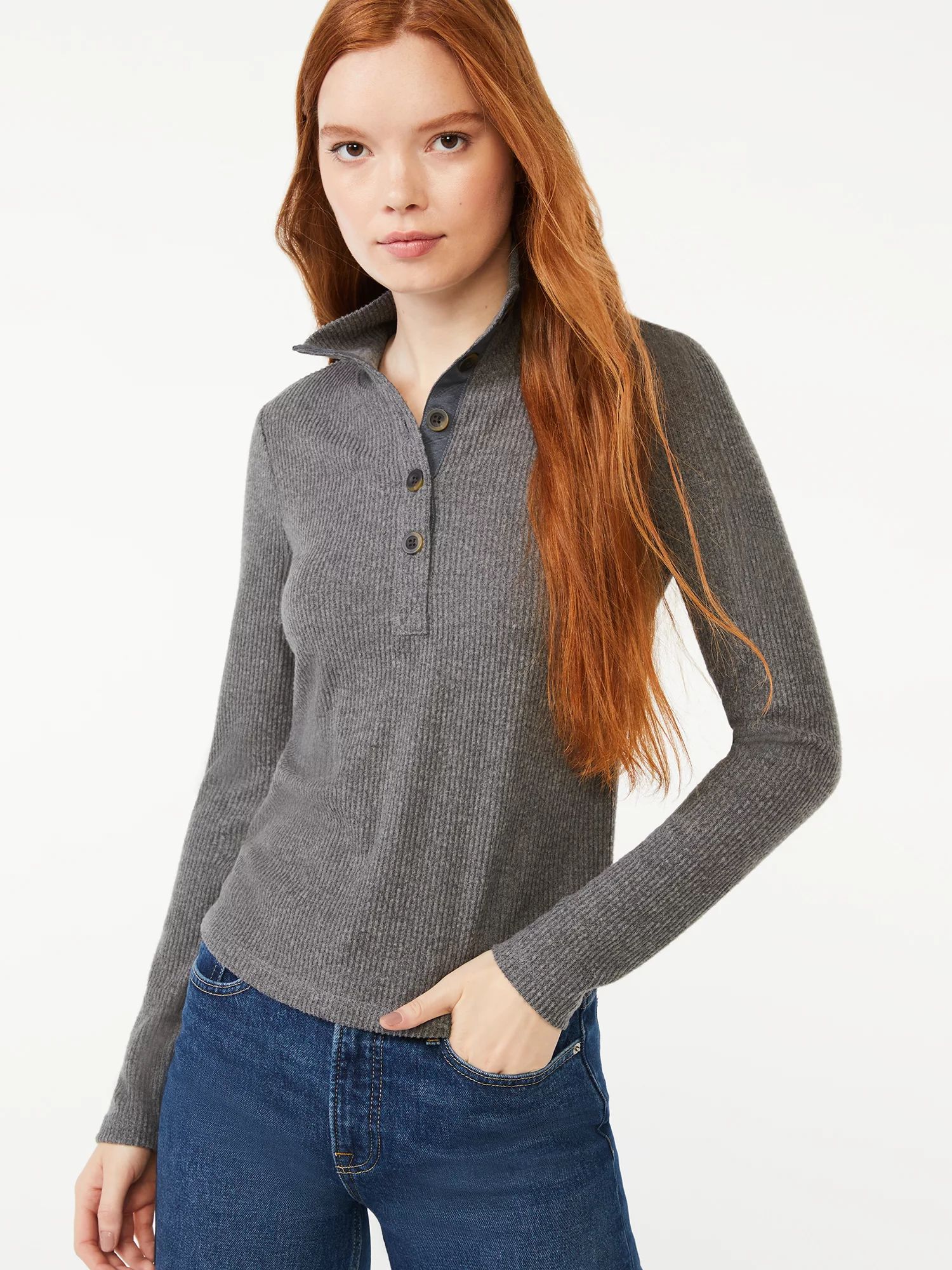 Free Assembly Women's Mock Neck Henley Top - Walmart.com | Walmart (US)