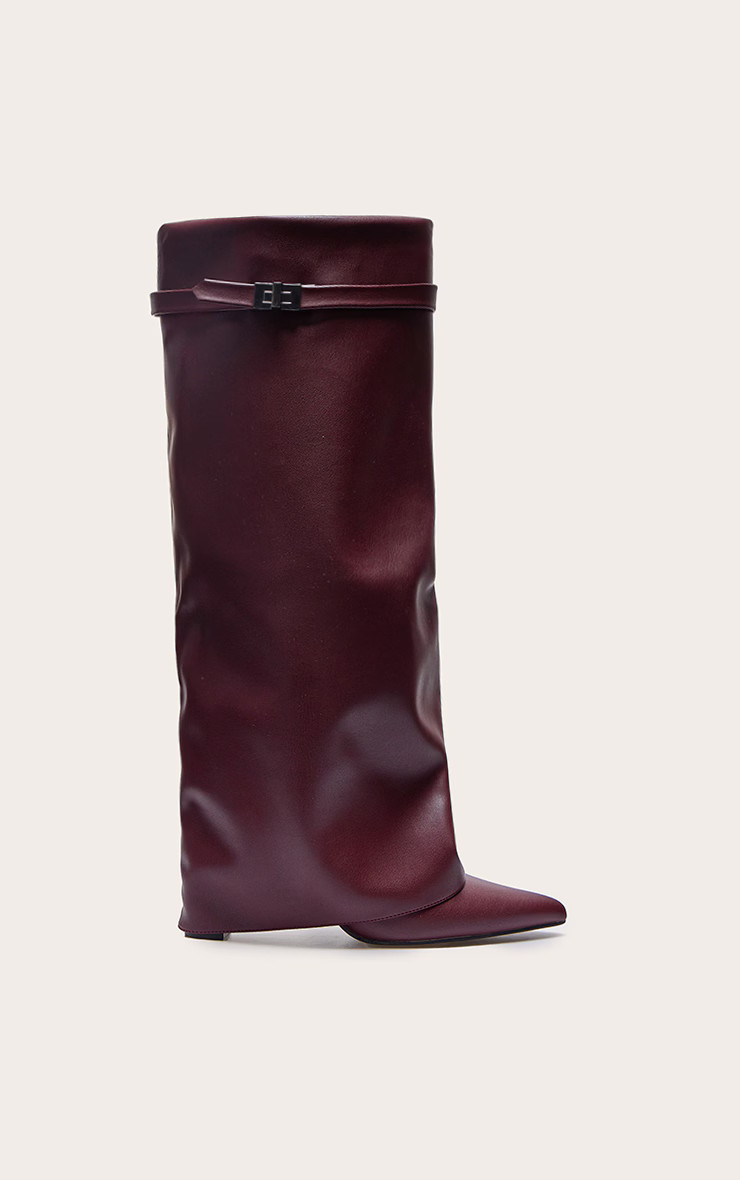 Burgundy PU Point Toe Fold Over Knee Block Heeled Boots | PrettyLittleThing UK